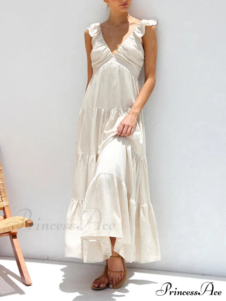 Ruffled Flying Sleeves Smocked Graceful Back Tiered Vacation Maxi Dress Dresses