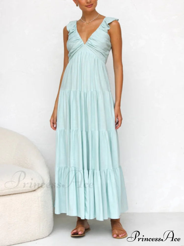 Ruffled Flying Sleeves Smocked Graceful Back Tiered Vacation Maxi Dress Dresses