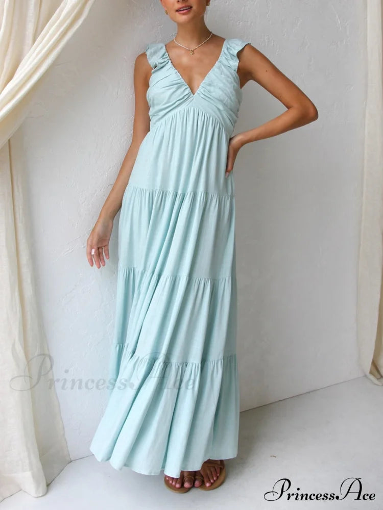 Ruffled Flying Sleeves Smocked Graceful Back Tiered Vacation Maxi Dress Sky Blue / S Dresses