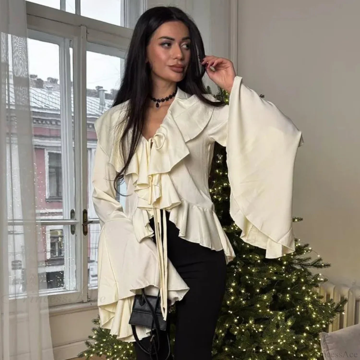 Ruffled Lace-Up V-neck Casual Long Sleeve Blouse blouse-250126