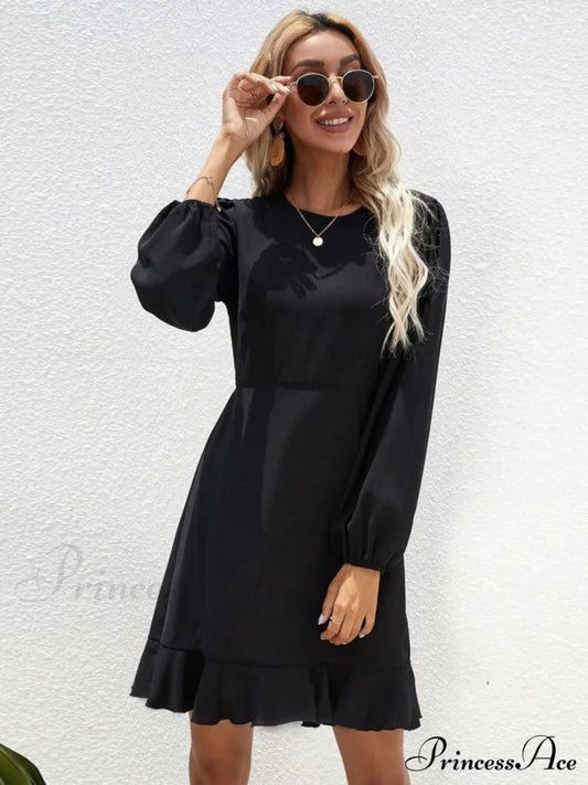 Ruffled Long-Sleeved Dress - Black