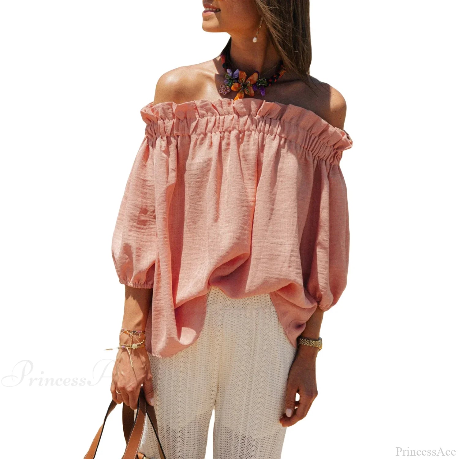 Ruffled Off-Shoulder Solid Fashion Blouse pink / S blouse-250126