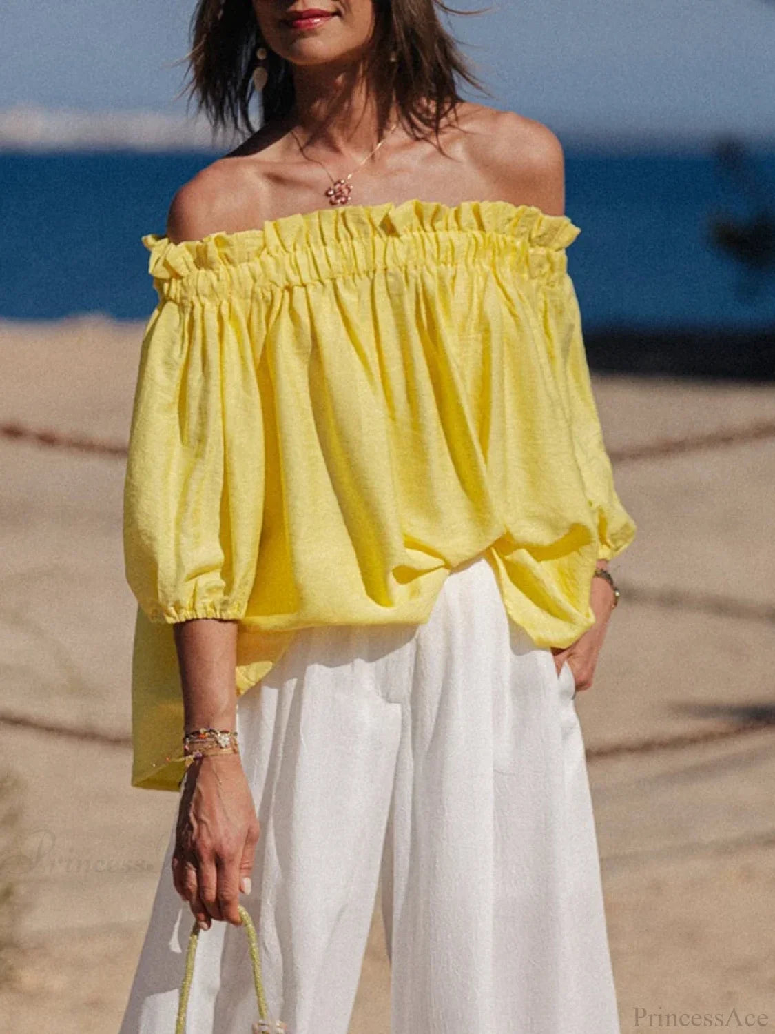 Ruffled Off-Shoulder Solid Fashion Blouse yellow / S blouse-250126