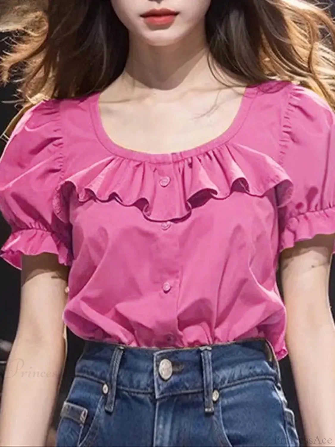 Ruffled Solid Puff Sleeve Casual Tunic Blouse blouse-250126