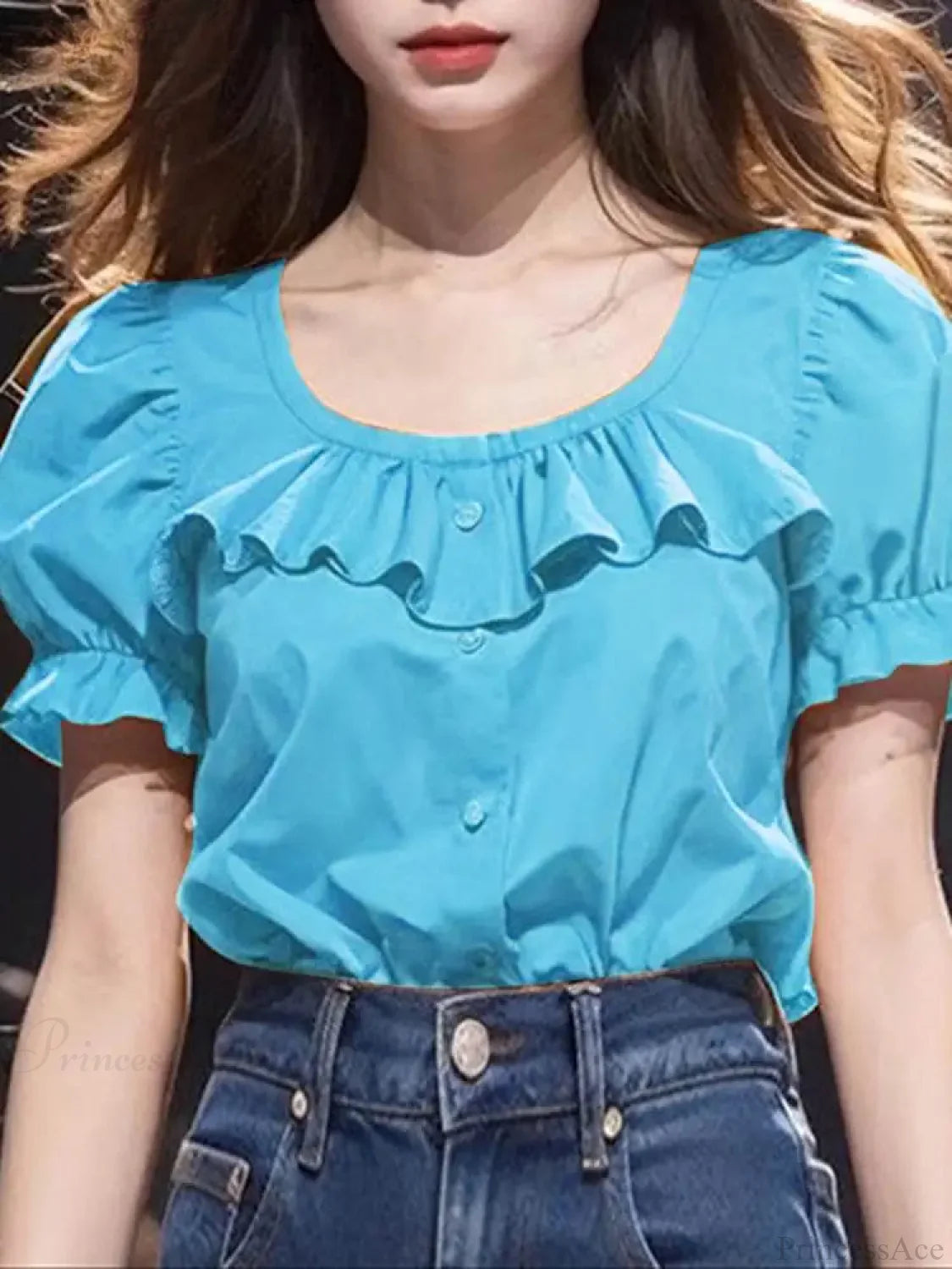 Ruffled Solid Puff Sleeve Casual Tunic Blouse blouse-250126