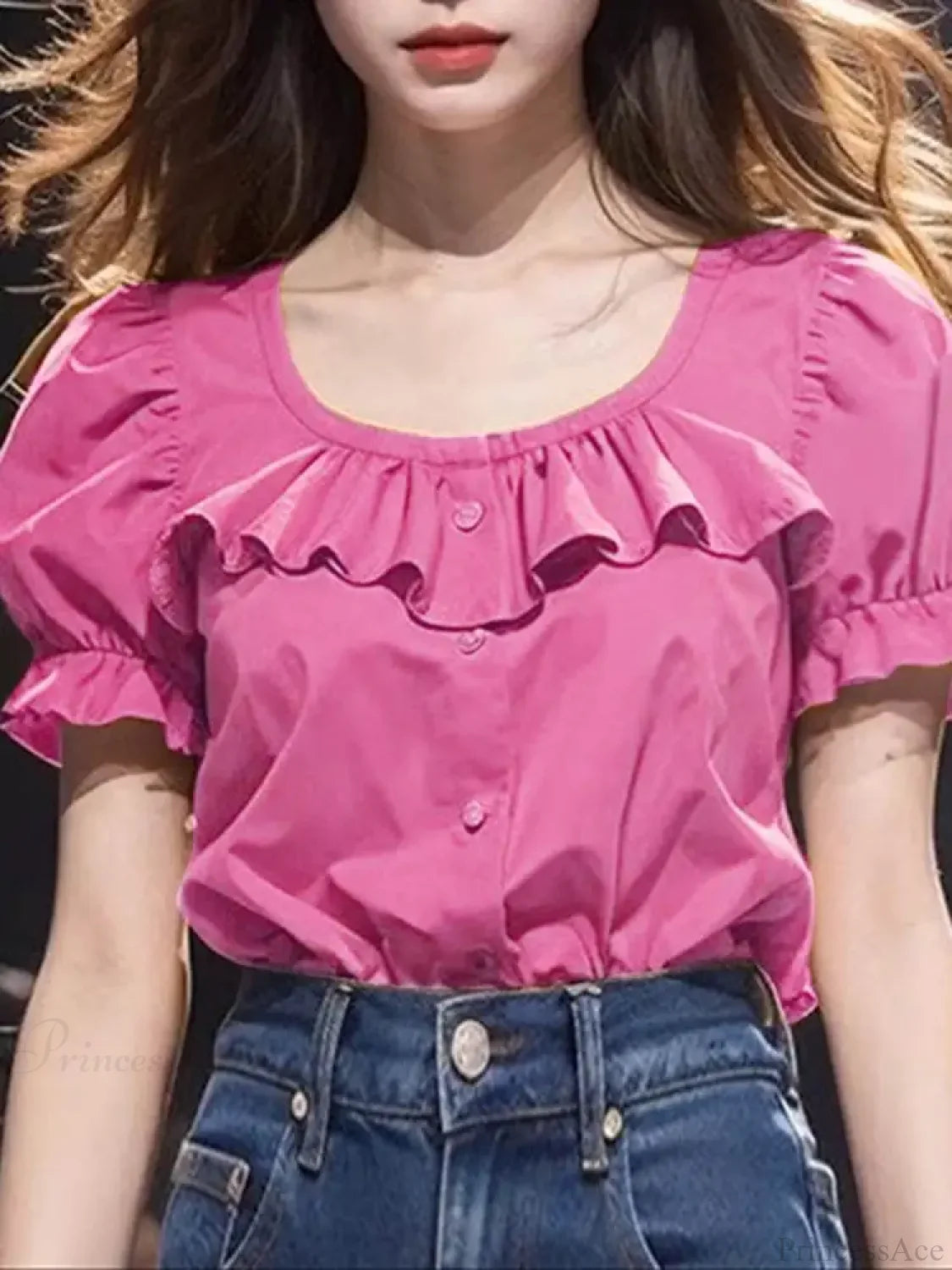 Ruffled Solid Puff Sleeve Casual Tunic Blouse Dark Pink / S blouse-250126