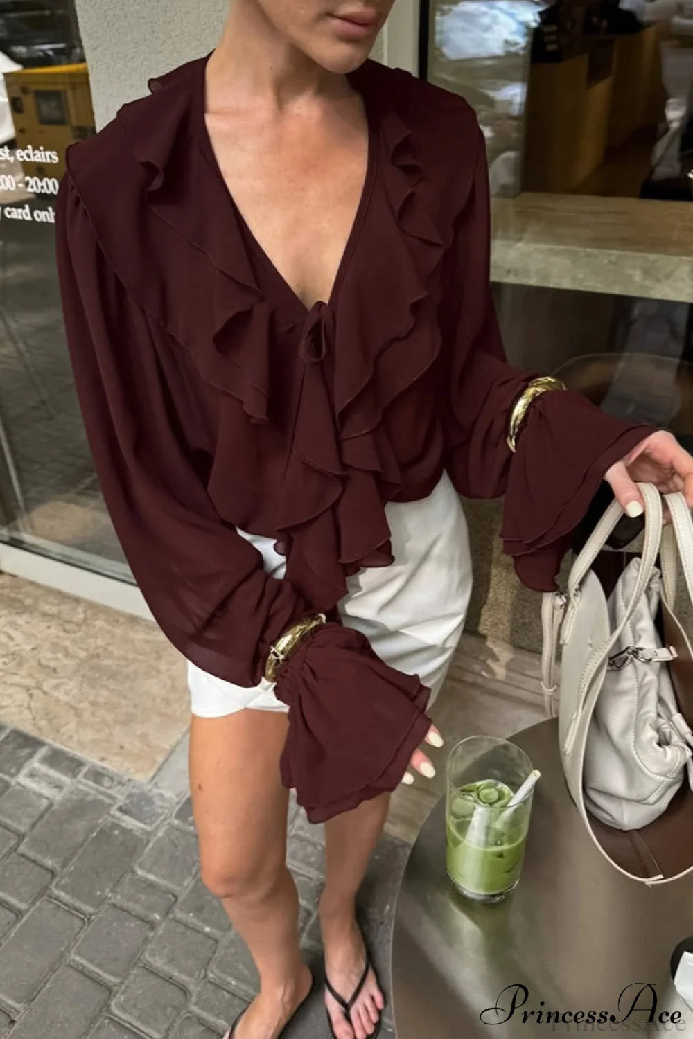 Ruffled V-Neck Long-Sleeve Tie-Waist French Blouse Red / S