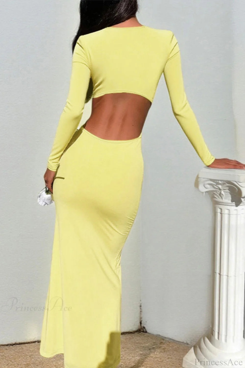 Ruffled V Neck Tie Long Sleeve Maxi Dress