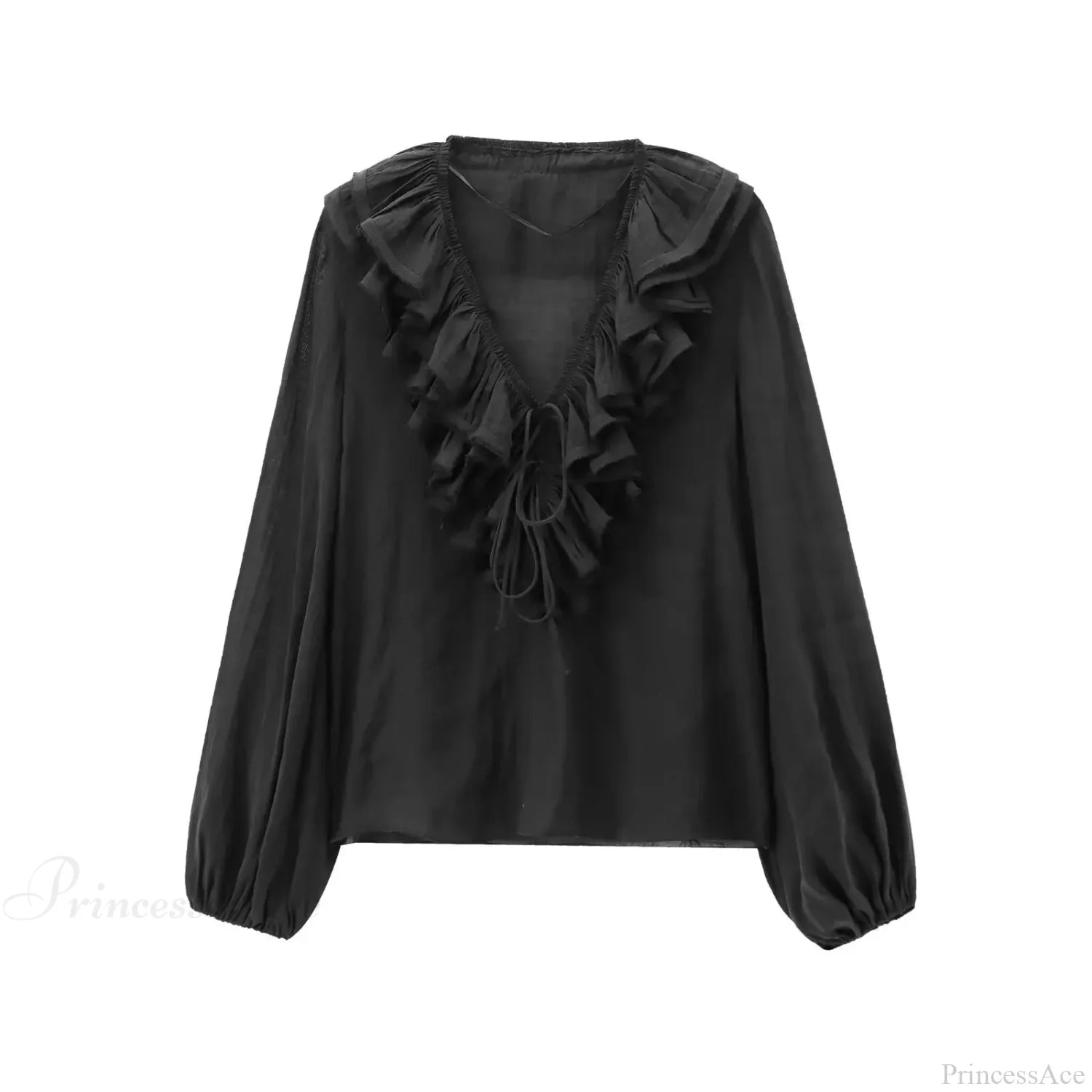 Ruffles Deep V-Neck Lace-Up Loose Oversize Boho Blouse Black / XS bohoblouse-250126