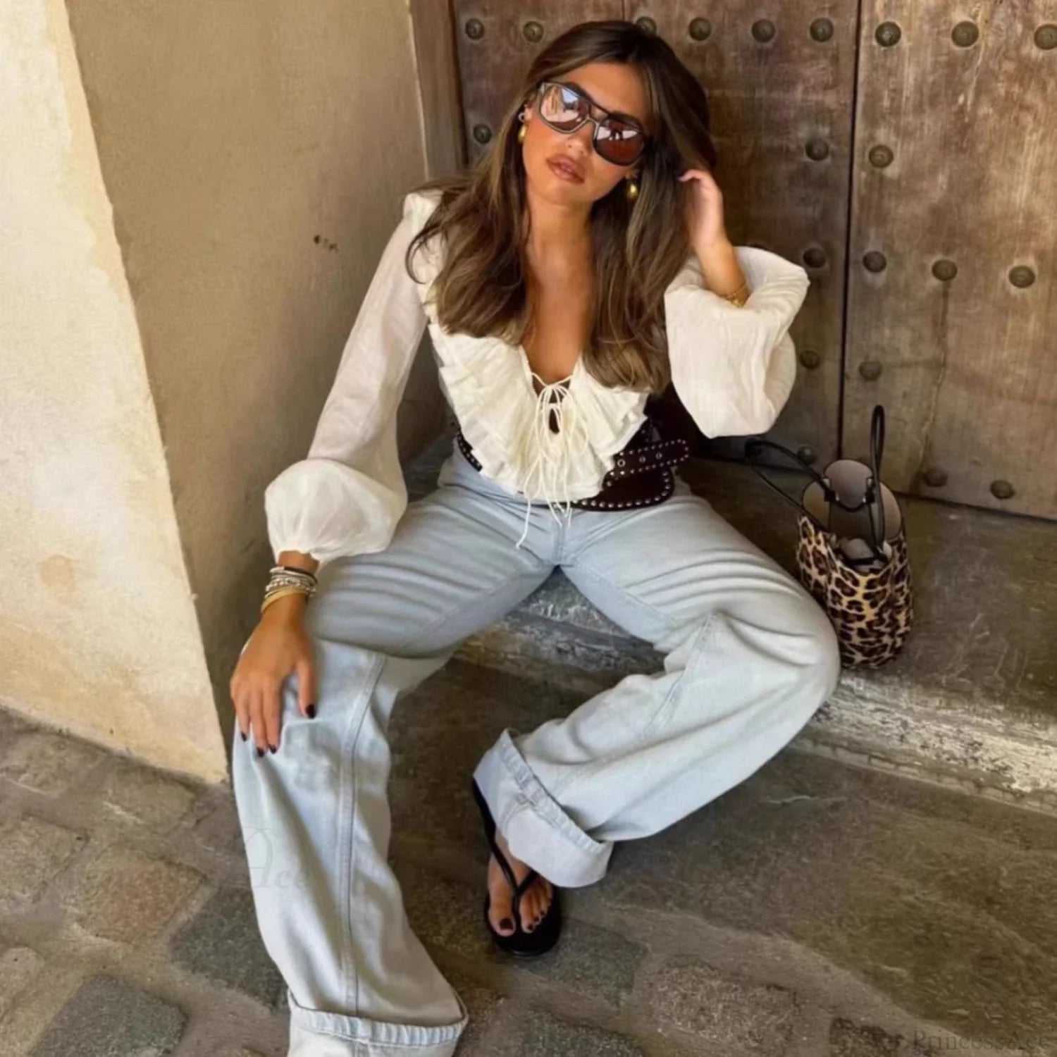 Ruffles Deep V-Neck Lace-Up Loose Oversize Boho Blouse bohoblouse-250126