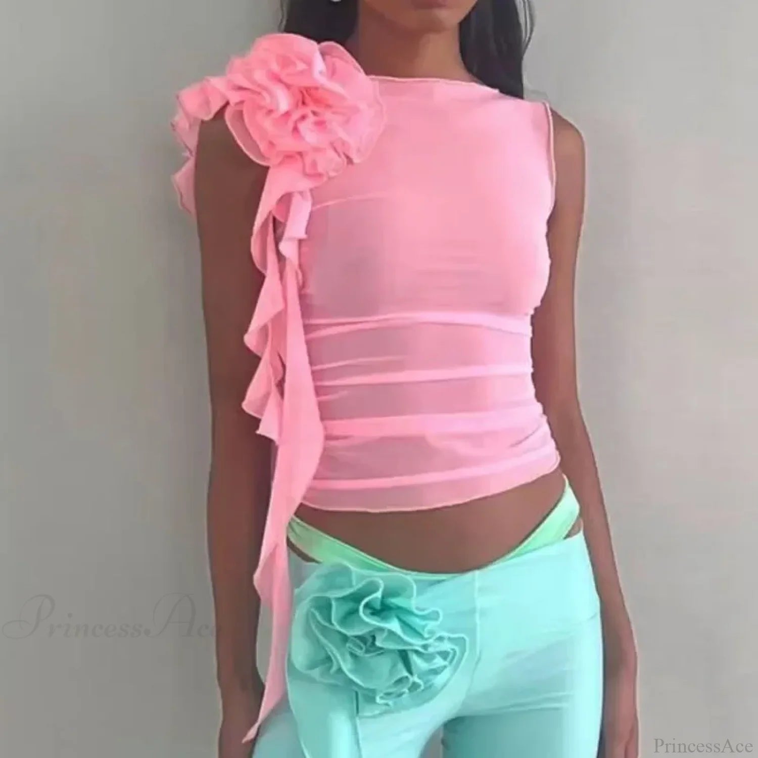 Ruffles Floral Mesh Sheer Chic Elegant See Through Slim Crop Top croptop-250126