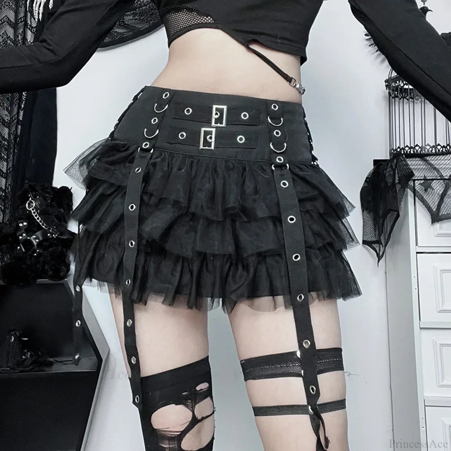 Ruffles Mesh Splice A-line Skirt Black / S