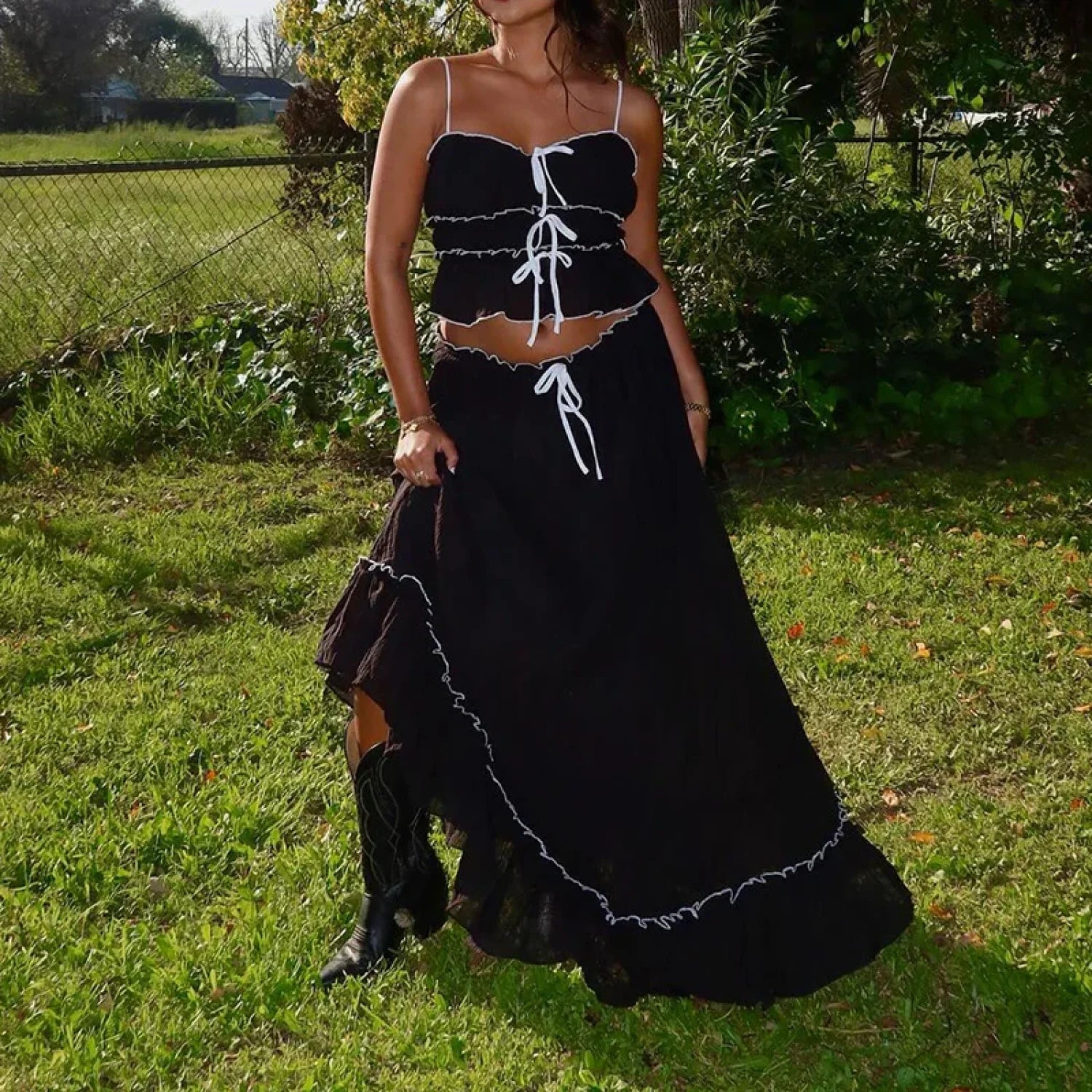 Ruffles Tie-Up Front Camis Crop Top Maxi Skirt Two Pieces Set twopiecesset-250126