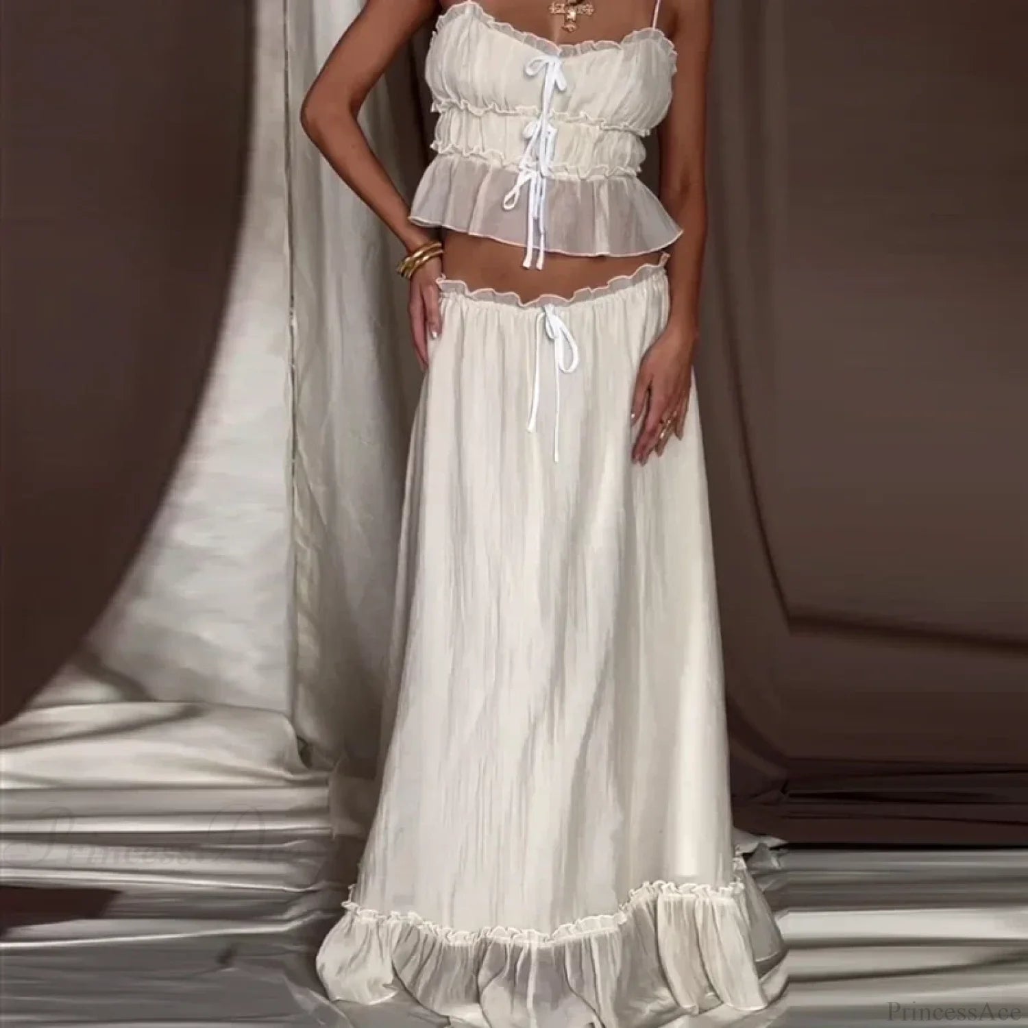 Ruffles Tie-Up Front Camis Crop Top Maxi Skirt Two Pieces Set twopiecesset-250126