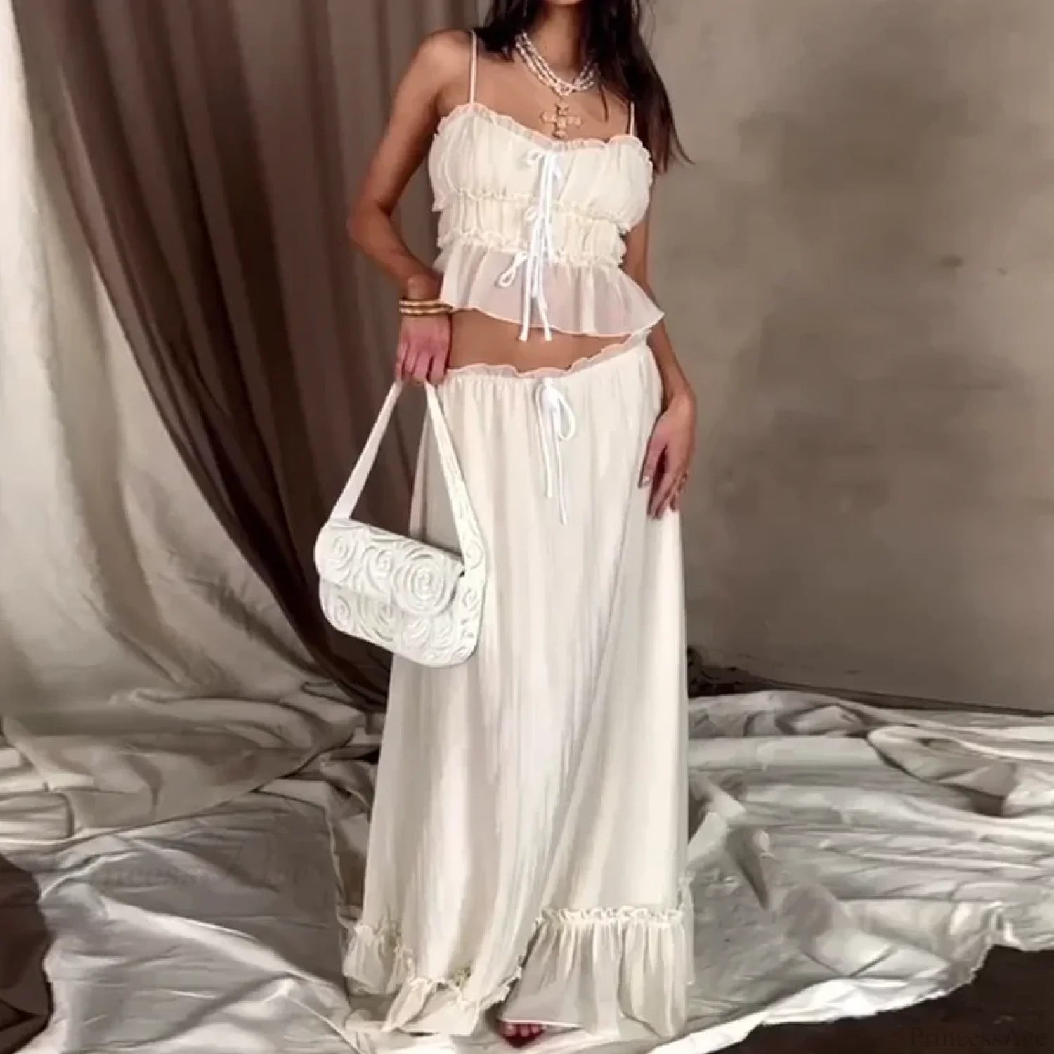 Ruffles Tie-Up Front Camis Crop Top Maxi Skirt Two Pieces Set WHITE / S twopiecesset-250126