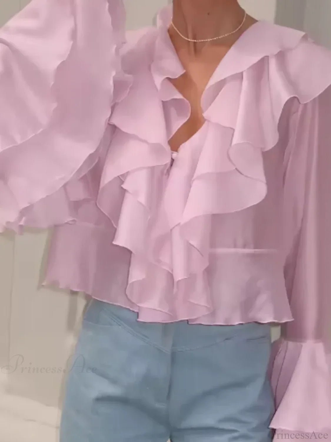 Ruffles V Neck Pink Chiffon Blouse blouse-250223