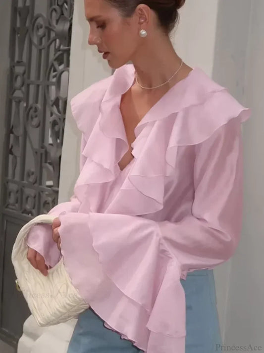 Ruffles V Neck Pink Chiffon Blouse Pink / S blouse-250223