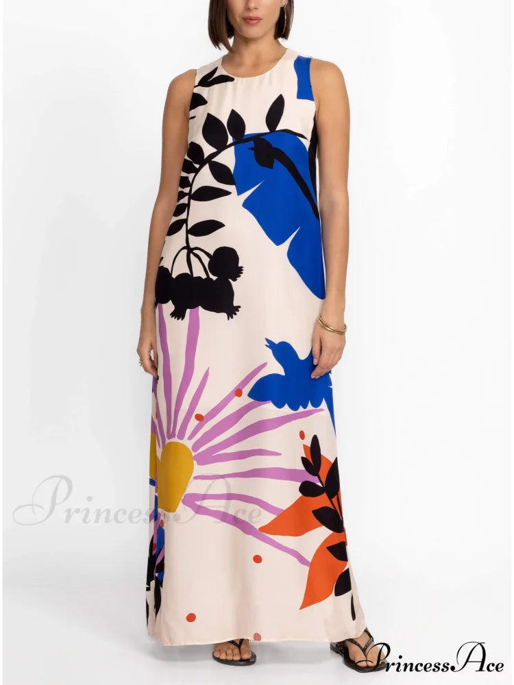 Satin Art Floral Charming Print Maxi Dress Dresses