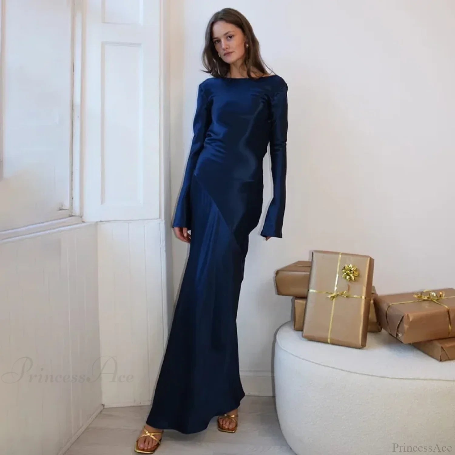 Satin Backless Maxi Dress Dark Blue / S