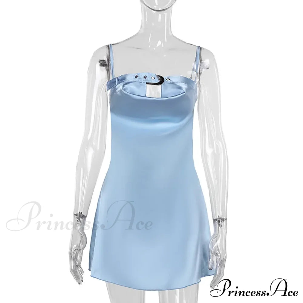 Satin Belted Hollow Cowl Graceful Neck Slip Mini Dress For Women