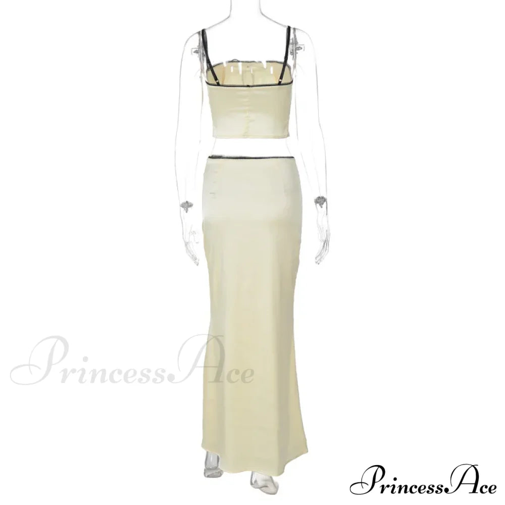 Satin Bow Cami Crop Graceful Top And Maxi Skirt Set Long Suits
