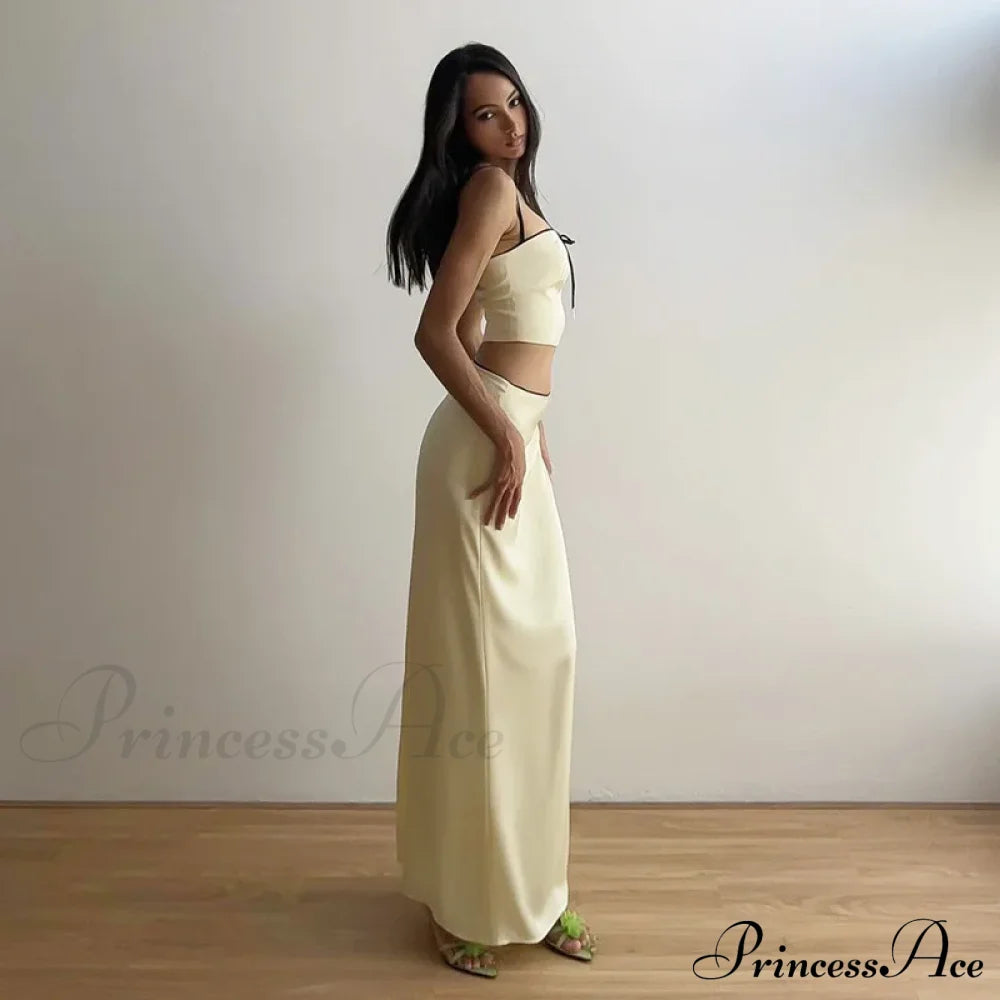 Satin Bow Cami Crop Graceful Top And Maxi Skirt Set Long Suits