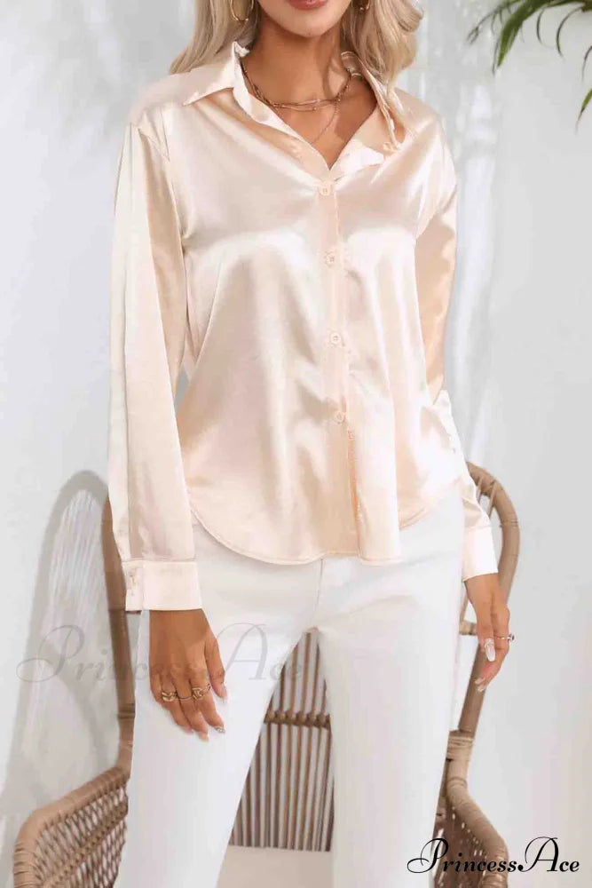 Satin Button Up Blouse With Lapel Champagne / L Blouses