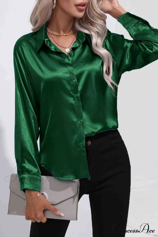 Satin Button Up Blouse With Lapel Dark Green / L Blouses