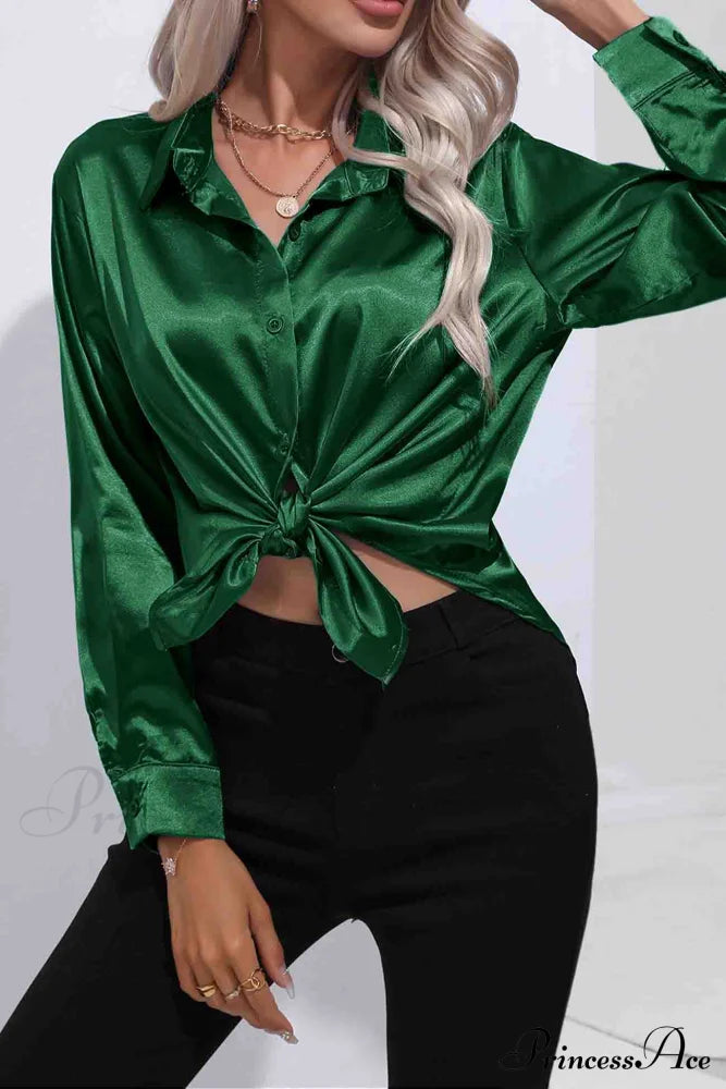 Satin Button Up Blouse With Lapel Dark Green / M Blouses