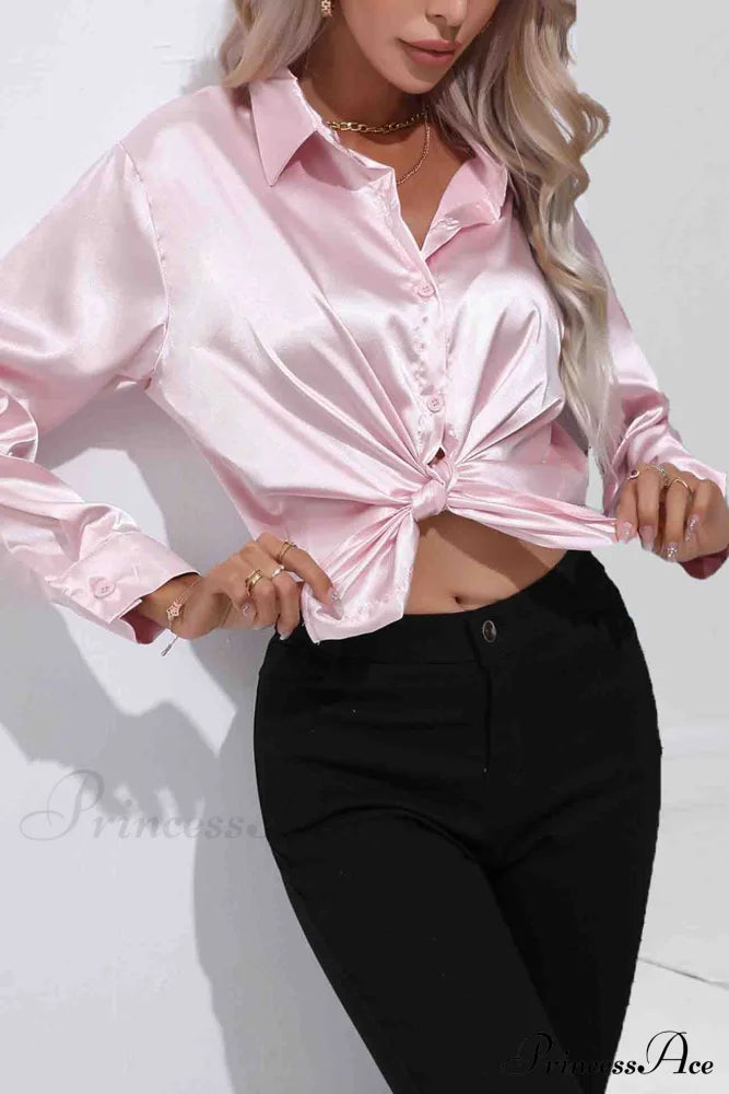 Satin Button Up Blouse With Lapel Pink / M Blouses
