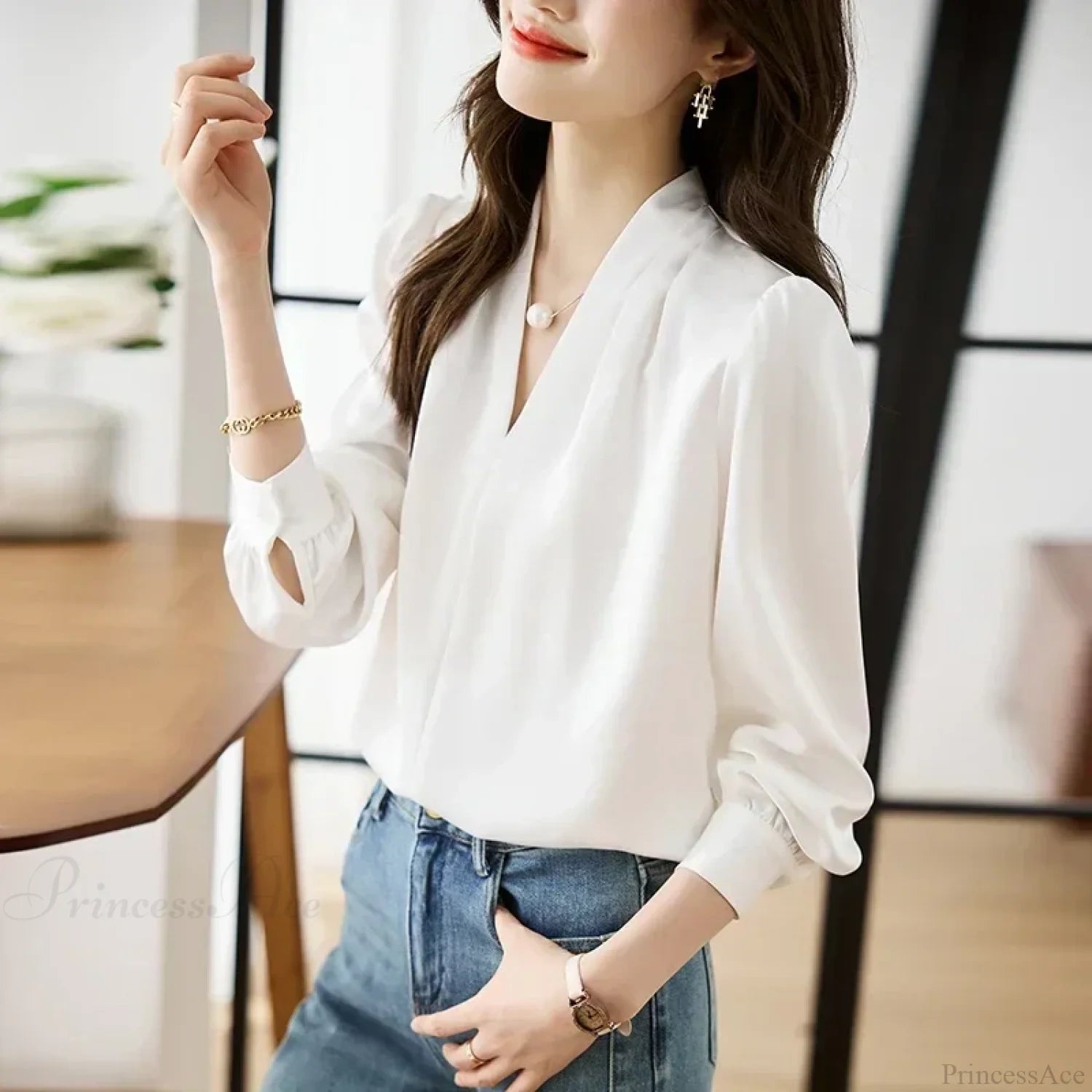 Satin Chiffon V-neck Soft Casual Blouse for Office blouse-250126