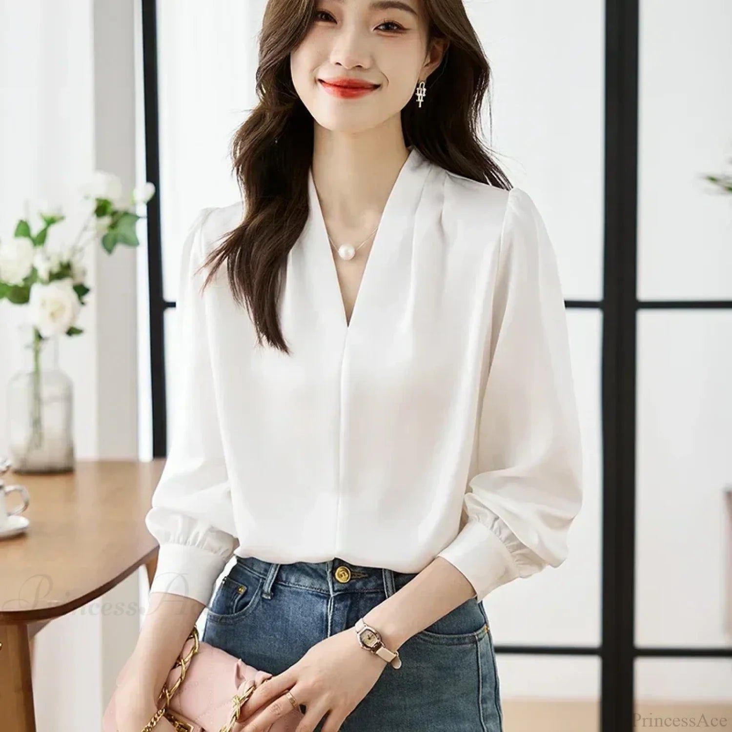 Satin Chiffon V-neck Soft Casual Blouse for Office blouse-250126