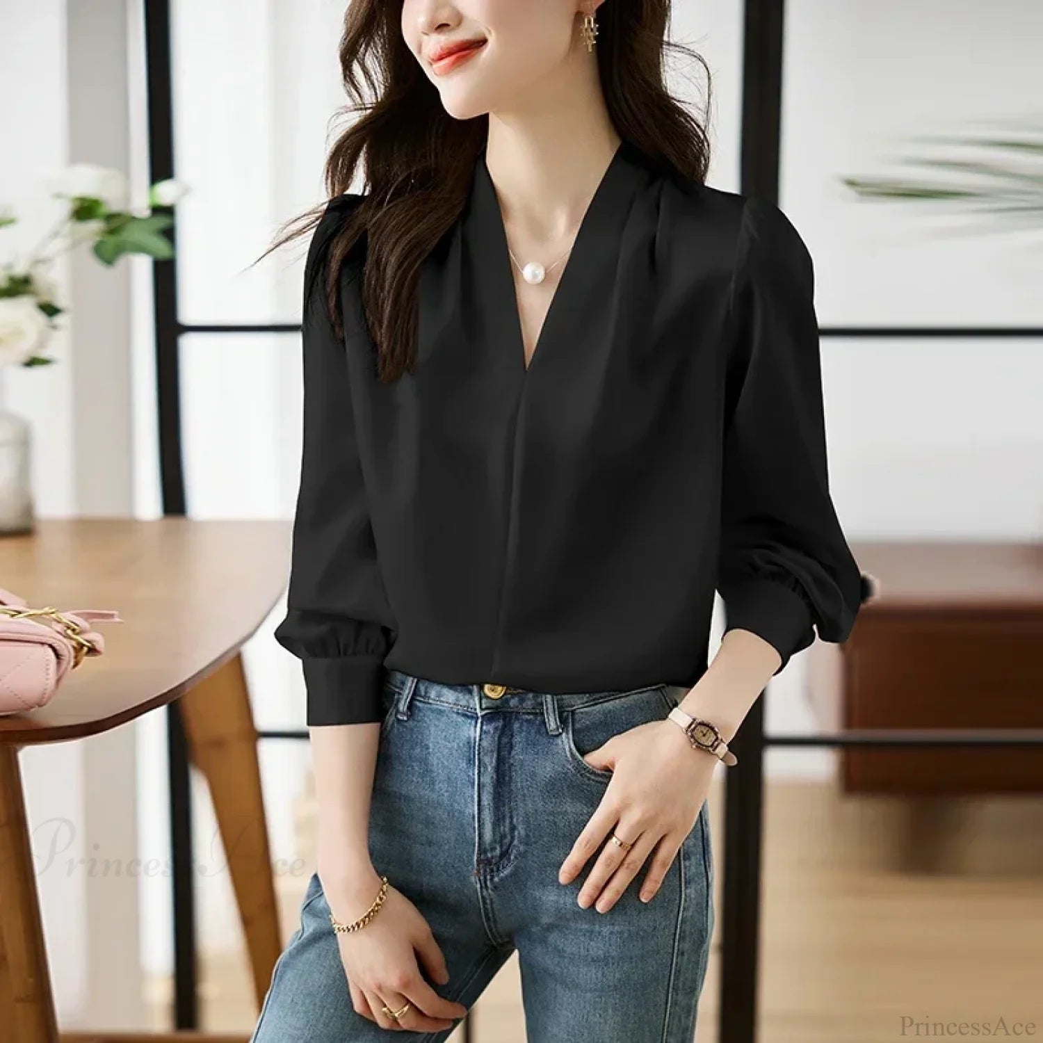 Satin Chiffon V-neck Soft Casual Blouse for Office blouse-250126