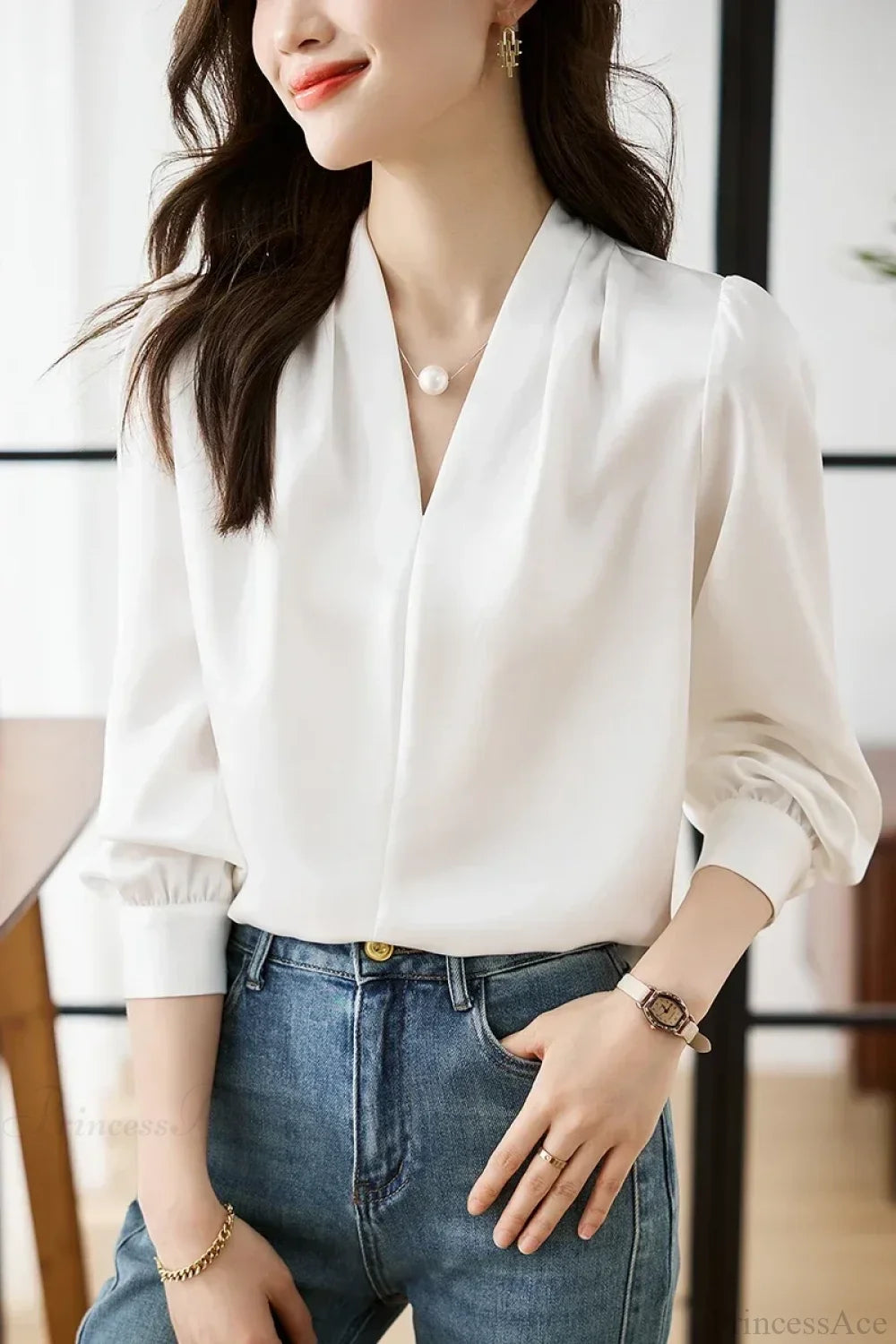 Satin Chiffon V-neck Soft Casual Blouse for Office White / S blouse-250126