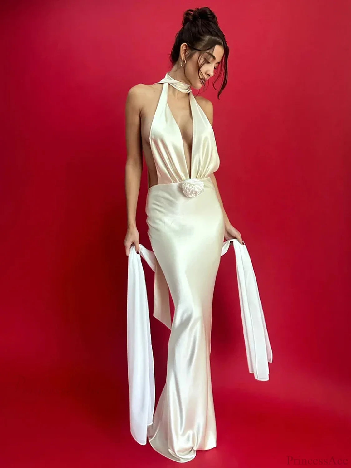 Satin Deep V Neck Vacation Dress vacationdress-250223