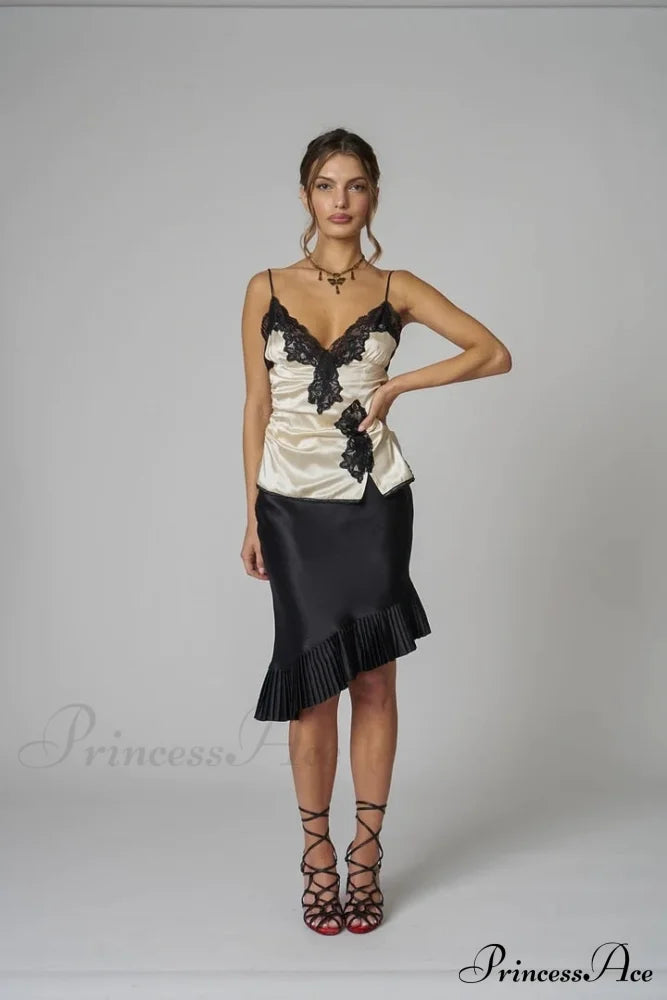 Satin Irregular Pleated Charming Trim Midi Skirt