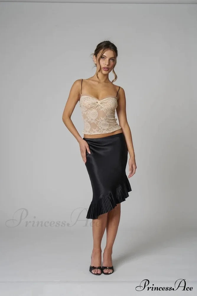 Satin Irregular Pleated Charming Trim Midi Skirt