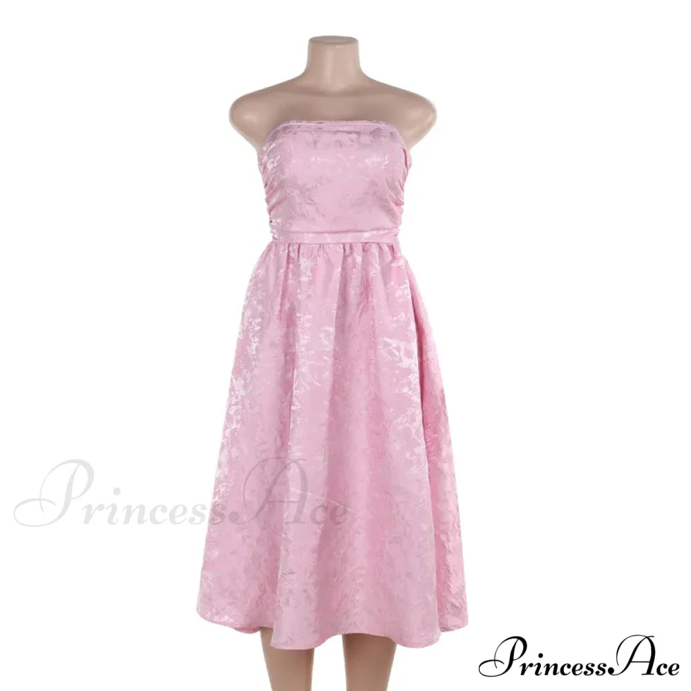 Satin Jacquard Printed Charming Tube Flare Midi Dress