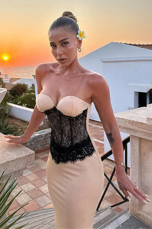 Satin Lace Paneled Fitted Waist Party Dress Champagne / S