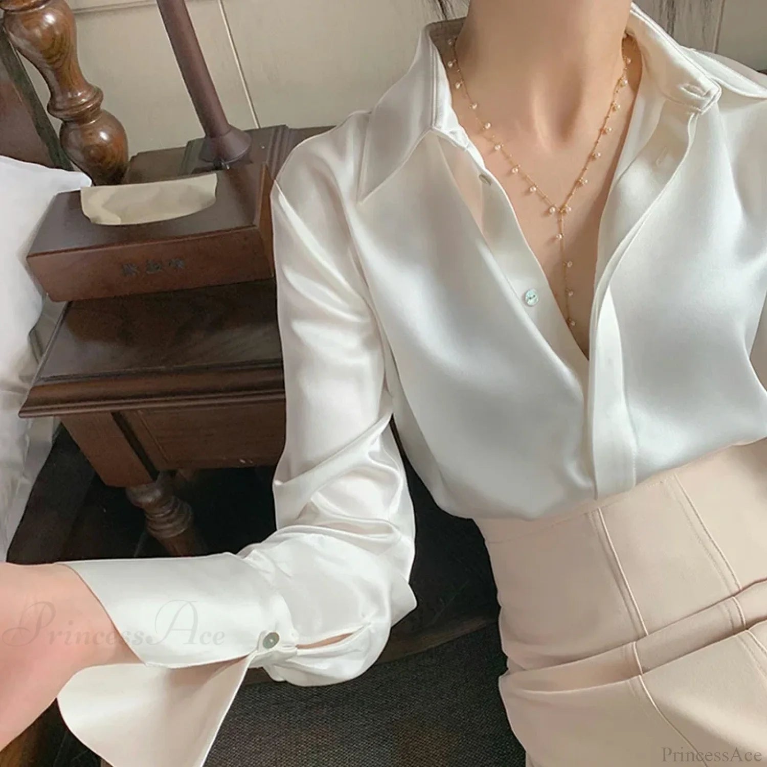 Satin Long Sleeve French Style Office Lady Blouse WHITE / S blouse-250126