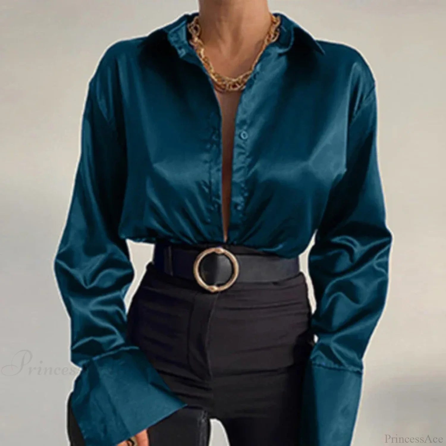 Satin Long Sleeve Vintage Blue Blouse Blackish green / S blouse-250223