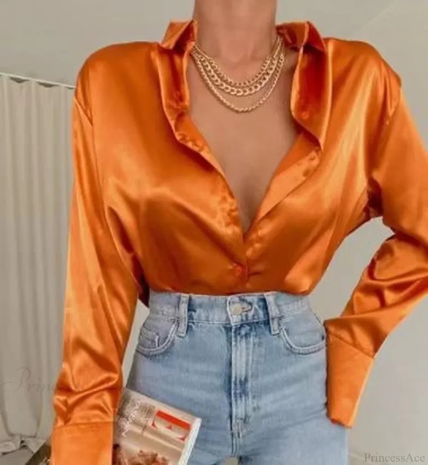 Satin Long Sleeve Vintage Blue Blouse Orange / S blouse-250223