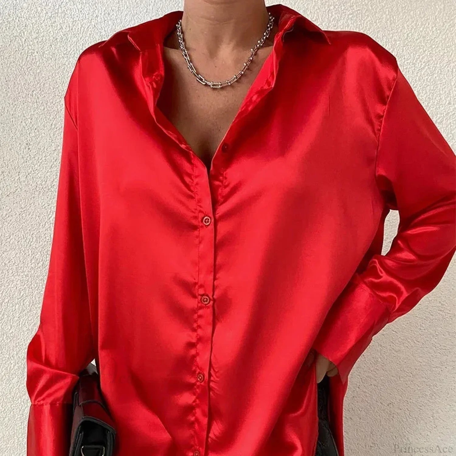 Satin Long Sleeve Vintage Blue Blouse Red / S blouse-250223