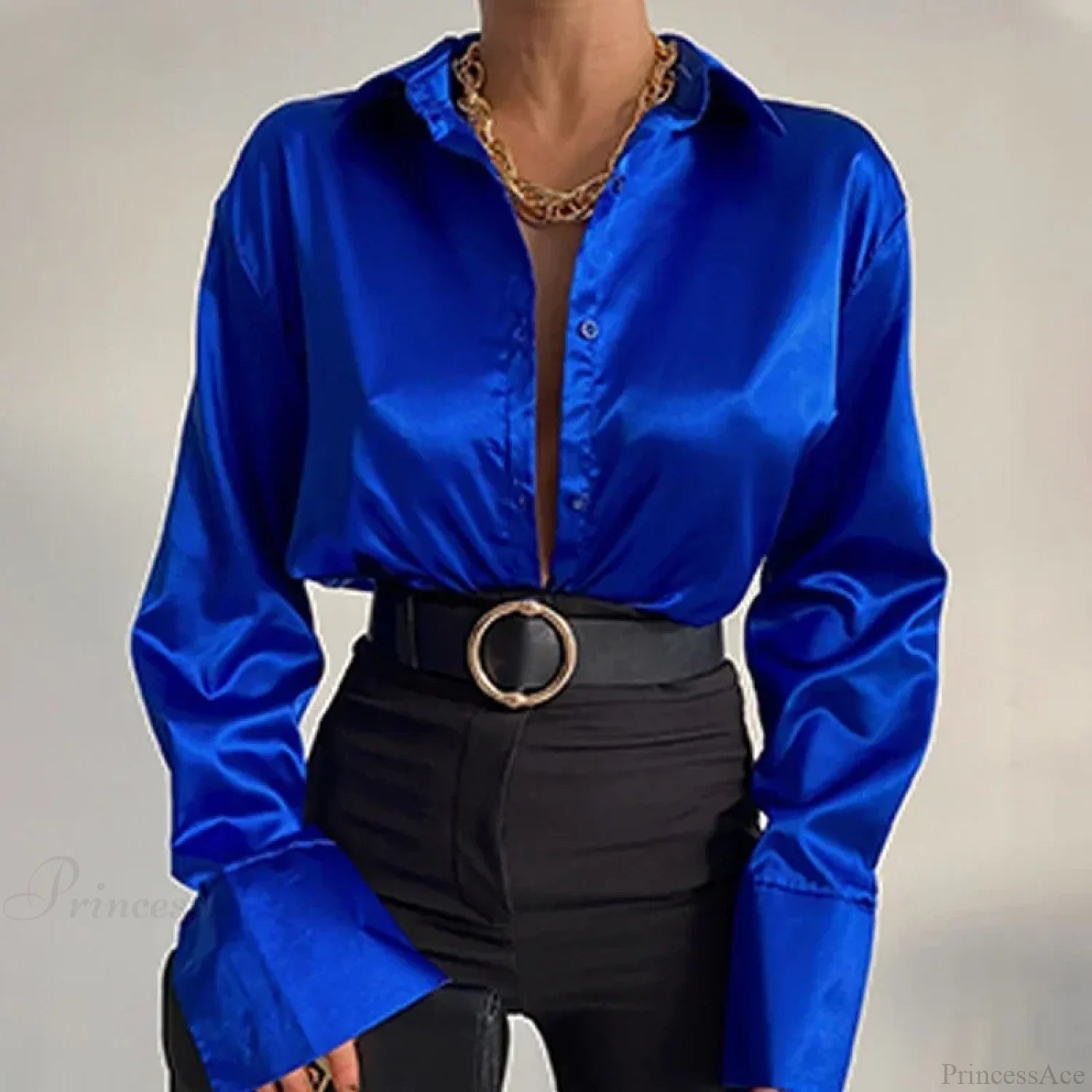 Satin Long Sleeve Vintage Blue Blouse Blue / S blouse-250223