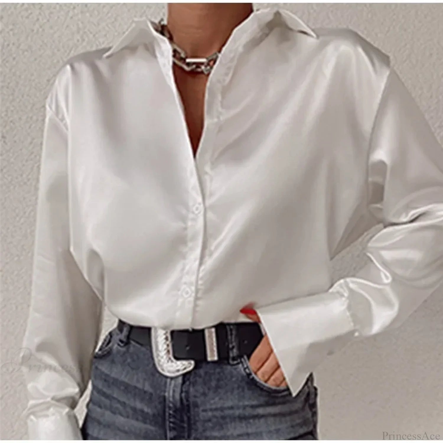 Satin Long Sleeve Vintage Blue Blouse WHITE / S blouse-250223