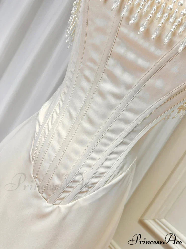 Satin Pearl Tassel Charming Corset Tube Midi Dress