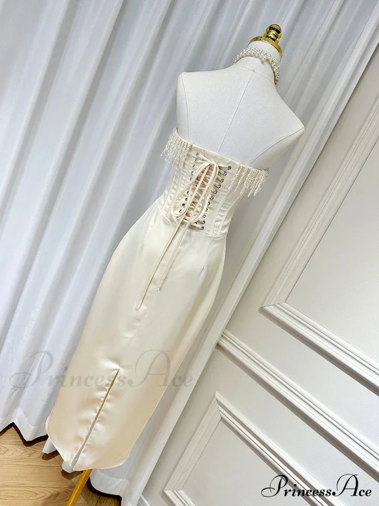 Satin Pearl Tassel Charming Corset Tube Midi Dress