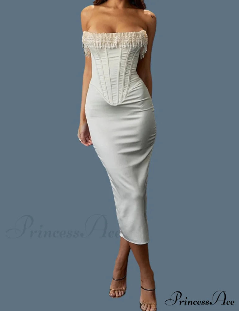 Satin Pearl Tassel Charming Corset Tube Midi Dress