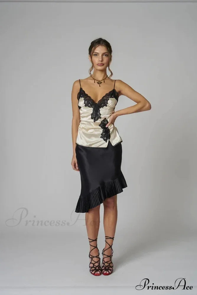Satin Pleated Stylish Trim Midi Skirt Skirts
