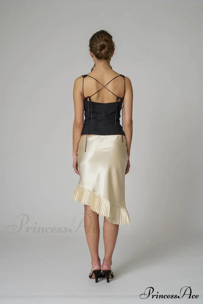 Satin Pleated Stylish Trim Midi Skirt Skirts